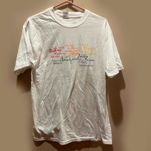 2 T-shirts - white & blue with Impressionist artists names printed. Sz L.